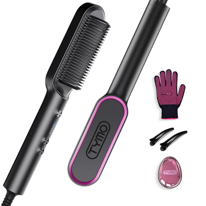 Hair Straightener Brush,  Ring Hair Straightener Comb Straightening Brush for Women with 5 Temps 20S Fast Heating & Dual Voltage, Black